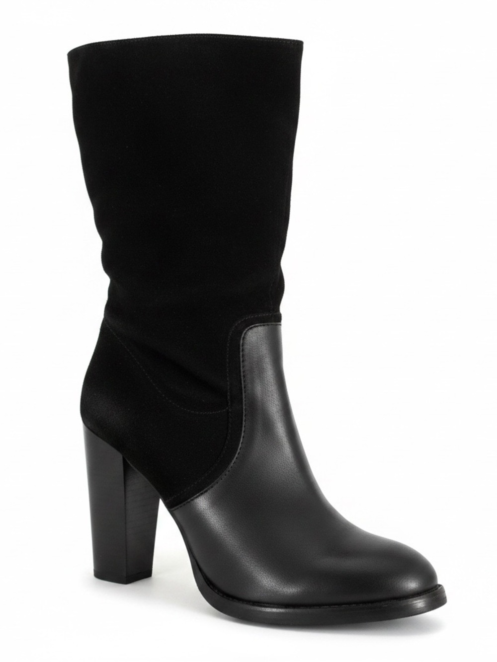 Elaine Turner Black Minka Suede & Leather Mid-Calf Block Heel Boots - Size 8